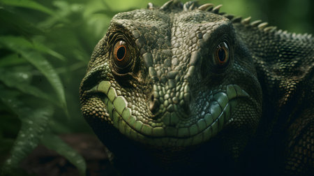 Close up of a green iguana in the forest. Animal portrait.の素材
