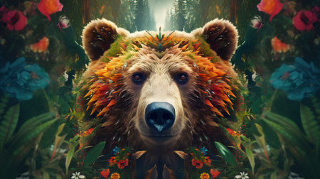 Beautiful wild bear portrait in the forest. 3d rendering.の素材