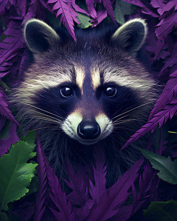 Portrait of a raccoon on a background of purple leaves.の素材