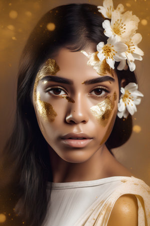 Fashion portrait of young beautiful woman with golden makeup and flowers in her hairの素材