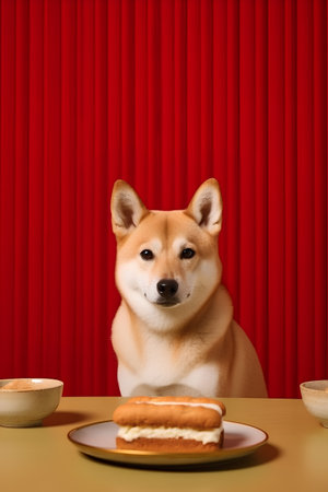 Shiba inu dog with donuts on a red curtain backgroundの素材