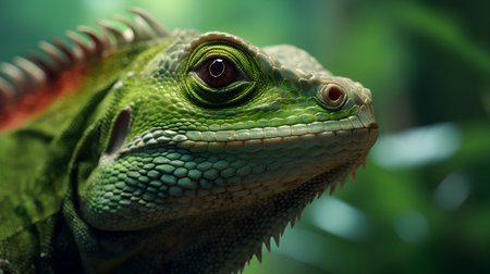 Green chameleon on a green background. Close-up.の素材