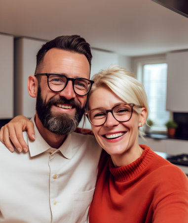 Cheerful couple hugging and smiling at camera while standing in kitchen at homeの素材