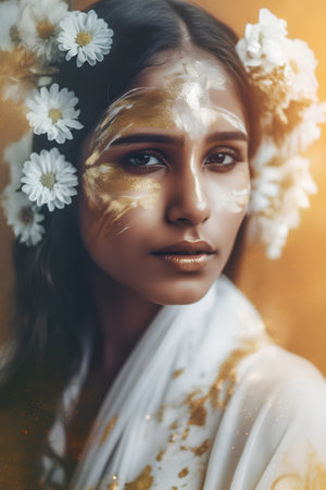 Portrait of a beautiful young woman with chamomile flowersの素材