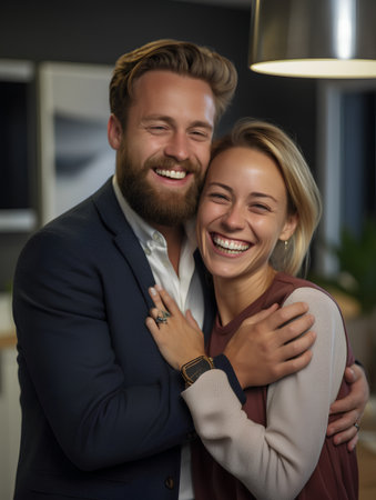 Portrait of a young business couple hugging in the office at nightの素材