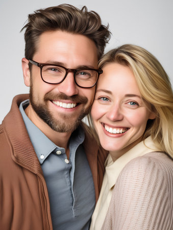 Portrait of a happy young couple in eyeglasses smiling at cameraの素材