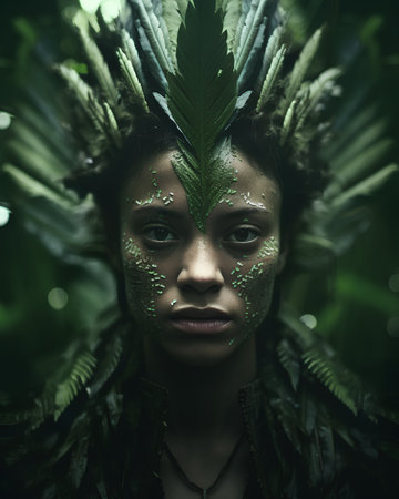 Portrait of beautiful African American woman with green feathers on face.の素材