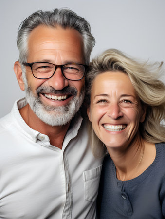 Smiling senior couple with eyeglasses. Isolated on grey background.の素材
