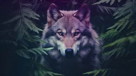 Portrait of a wolf in the forest with ferns.の素材