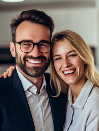Beautiful young business couple is looking at camera and smiling while standing in officeの素材