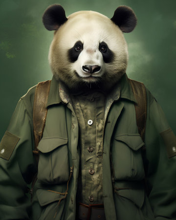 portrait of a panda in a green jacket on a dark backgroundの素材