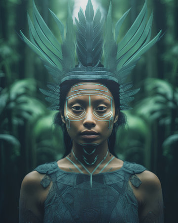 3d rendering of a female warrior with a mask in the forestの素材