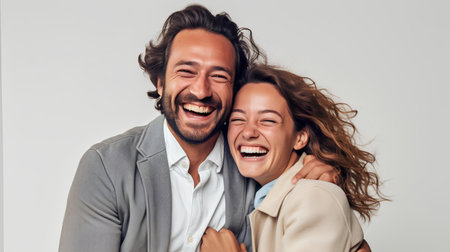 Happy young couple laughing and hugging each other while standing against grey backgroundの素材