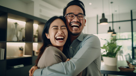 Happy asian couple hugging and laughing in the kitchen at home.の素材