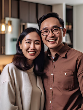 portrait of happy asian couple embracing in living room at homeの素材