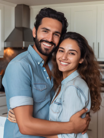 Portrait of a happy young couple hugging and looking at camera in the kitchen at homeの素材