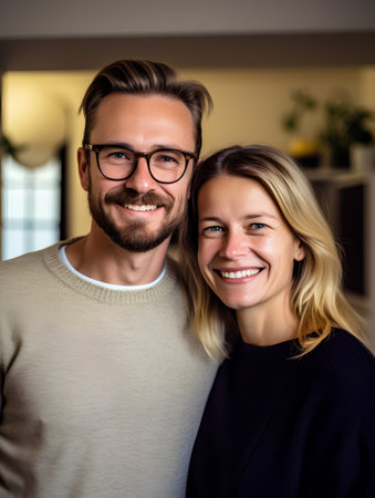 Portrait of a happy young couple at home. Smiling man and woman looking at camera.の素材