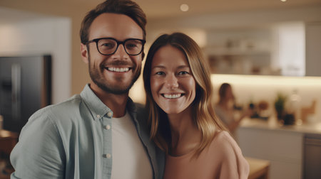Portrait of happy couple looking at camera and smiling while standing in kitchen at homeの素材