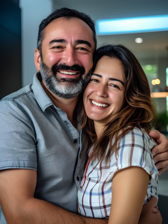 Portrait of happy couple embracing and looking at camera at home.の素材