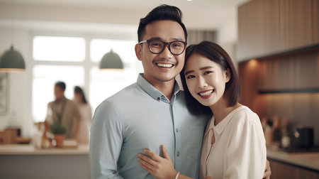 happy asian couple in eyeglasses looking at camera in kitchenの素材