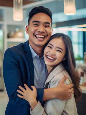 Happy asian couple hugging and smiling at camera while standing together in cafeの素材