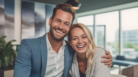 Happy young business couple is hugging and smiling while working in modern officeの素材
