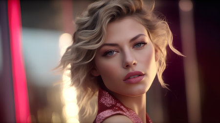 Portrait of beautiful young woman with blond curly hair and red lips.の素材
