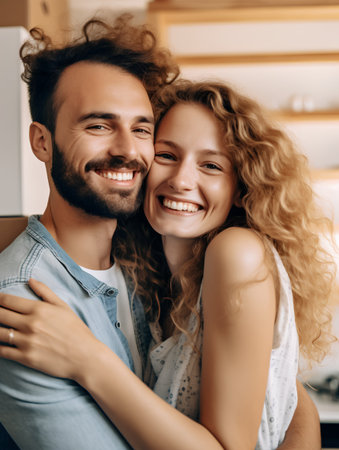 happy young couple hugging and smiling at camera while sitting in kitchen at homeの素材