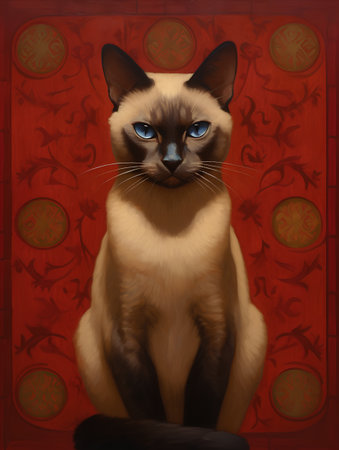 Siamese cat with blue eyes sitting on a red background.の素材