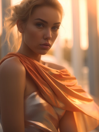Portrait of a beautiful young woman in a golden silk dress at sunsetの素材