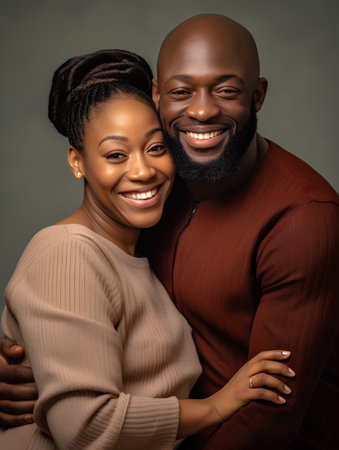 Portrait of a happy young African American couple embracing each other.の素材