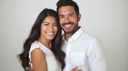 Portrait of a happy Indian couple smiling at the camera while standing against grey backgroundの素材