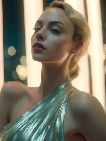 fashion portrait of beautiful blonde woman in green dress with luxurious hairstyleの素材