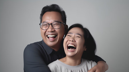 Happy asian couple laughing together, closeup portrait on grey backgroundの素材