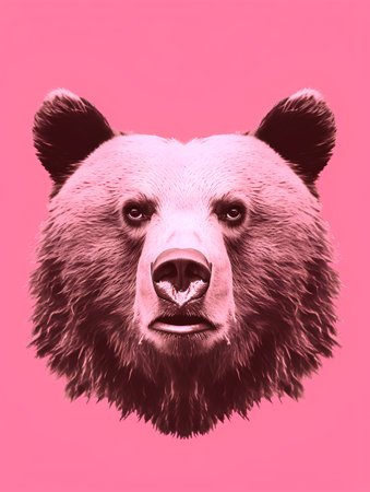 The head of a grizzly bear on a pink background in the style of pop art.の素材