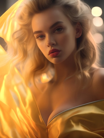 Portrait of a beautiful blonde woman in a golden silk dress.の素材