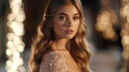 fashion interior photo of gorgeous woman with blond hair in luxurious wedding dressの素材