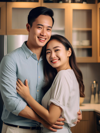 asian young couple hugging and looking at camera in kitchen at homeの素材