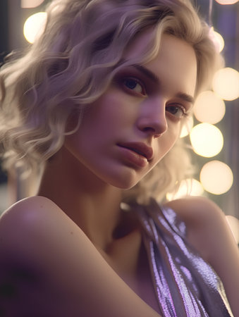 Portrait of a beautiful blonde girl with curly hair in a purple dress.の素材