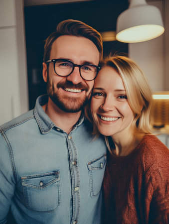 Beautiful young couple is hugging and smiling while spending time together at homeの素材