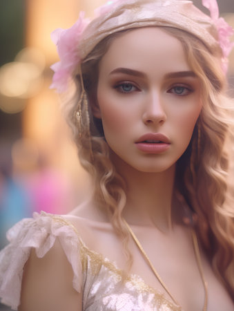 fashion outdoor photo of beautiful sensual woman with blond hair in elegant dress and accessories posing in summer cityの素材