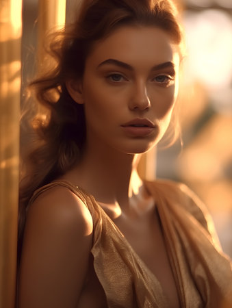 fashion outdoor photo of beautiful sensual woman with blond hair in elegant dressの素材