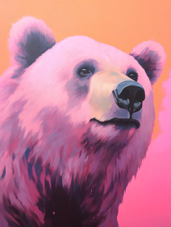 Digital painting of a polar bear in pink tones. Illustration of a wild animal.の素材