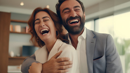 Portrait of a happy young couple laughing and hugging each other.の素材