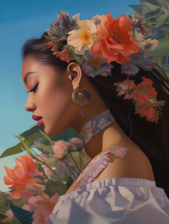 Portrait of a beautiful asian woman with flowers in her hairの素材