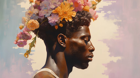 African american man with flowers in his hair. 3d renderingの素材