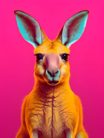 Funny kangaroo with blue eyes looking at camera on pink backgroundの素材