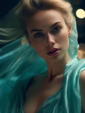 Portrait of a beautiful young woman in turquoise transparent dressの素材