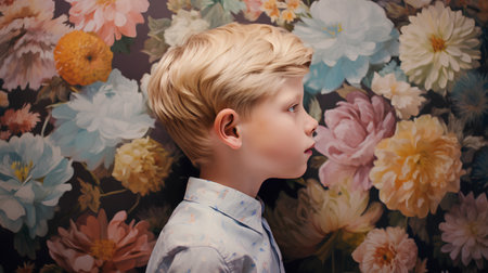 Portrait of a little boy with blond hair on a floral backgroundの素材