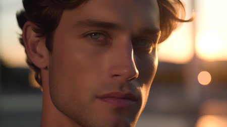 Portrait of a handsome young man in the city at sunset.の素材